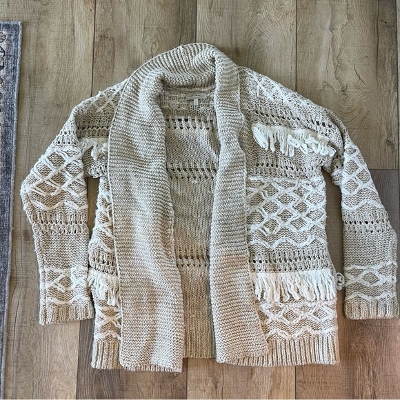Lucky Brand Boho Fringe Cardigan Natural White Textured Fall - Picture 1 of 4